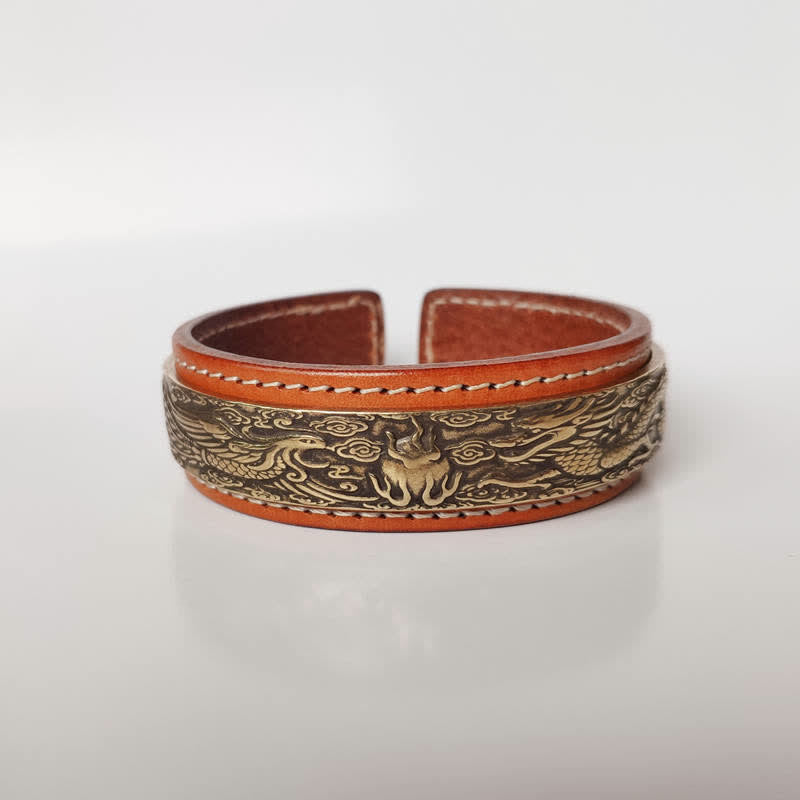 Bracelet manchette en cuir et cuivre Buddha Stones, 2 pièces, Om Mani Padme Hum, Dragon Phoenix