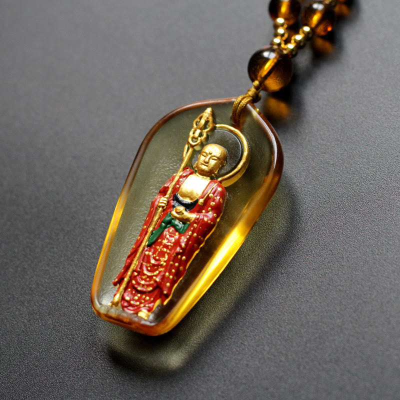Collier pendentif amulette de compassion en cristal Buddha Stones Liuli Ksitigarbha - Ksitigarbha jaune debout - image 1