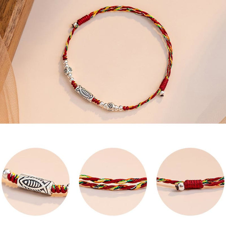 Bracelet de cheville tressé en argent sterling 925 avec poisson Koi et pierres de Buddha Stones