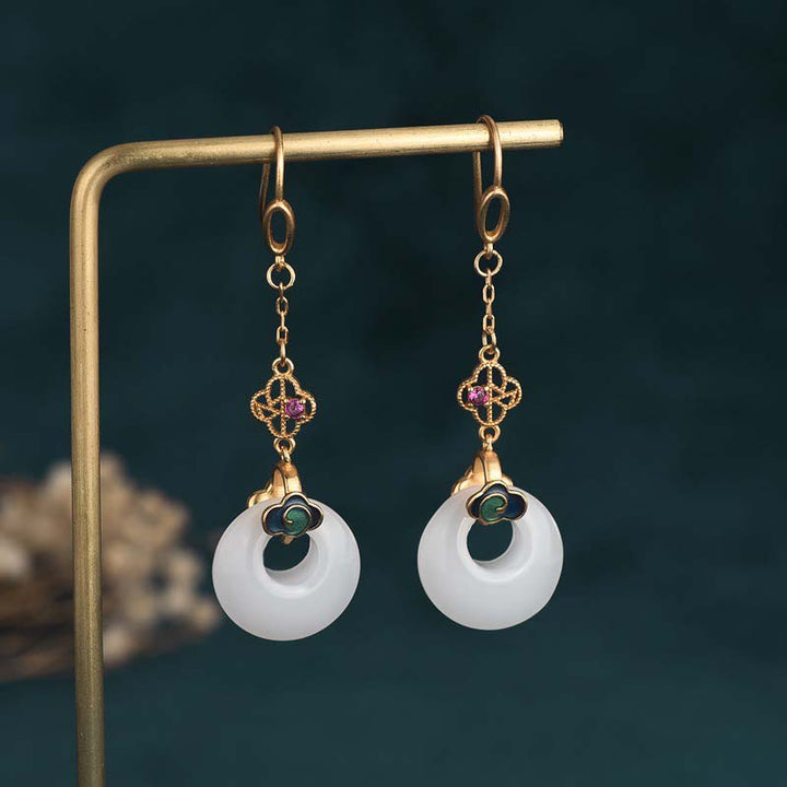 Boucles d'oreilles pendantes Feng Shui en jade blanc
