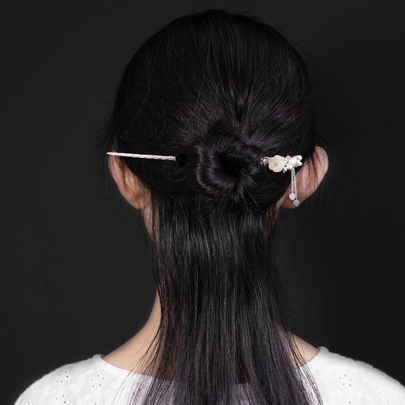 Épingle à cheveux en argent sterling 925 avec fleur de jade blanc Hetian