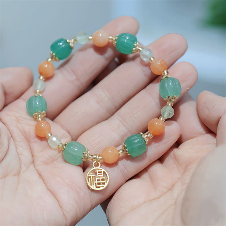 Bracelet de richesse avec breloque en jade et soie Buddha Stones naturelle en forme de citrouille et de caractère Fu