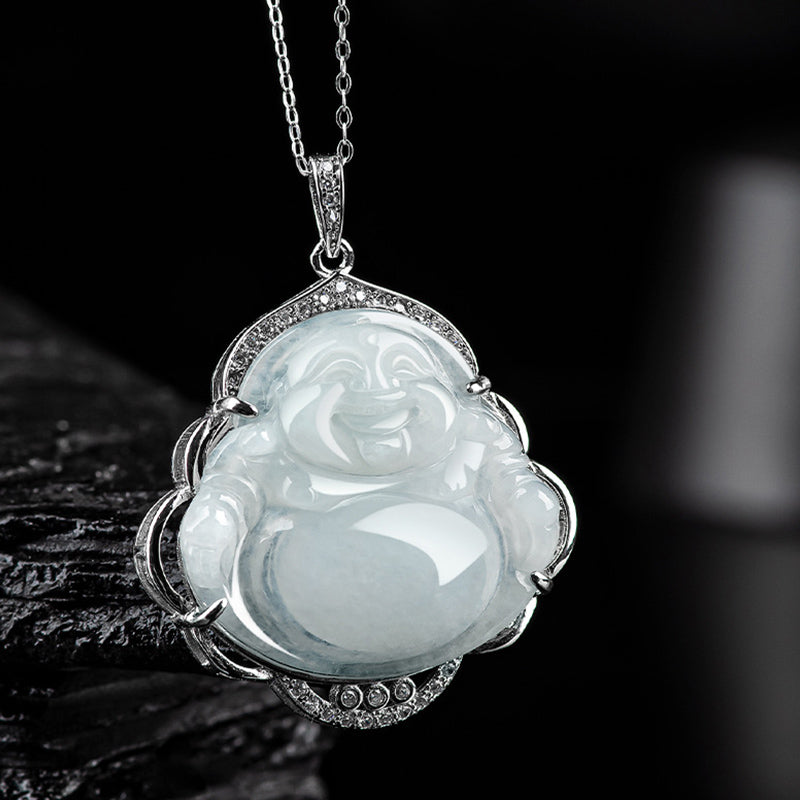 Collier Buddha Stones rieur en jade naturel, symbole d'abondance, avec chaîne en acier titane et pierres de Bouddha - image 1