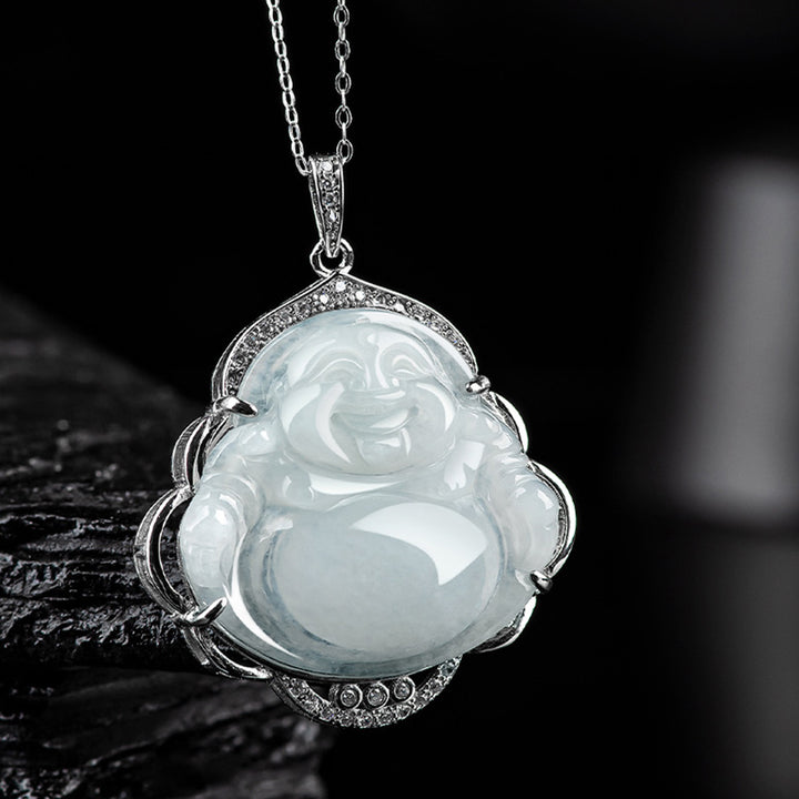 Collier Buddha Stones rieur en jade naturel, symbole d'abondance, avec chaîne en acier titane et pierres de Bouddha - image 1