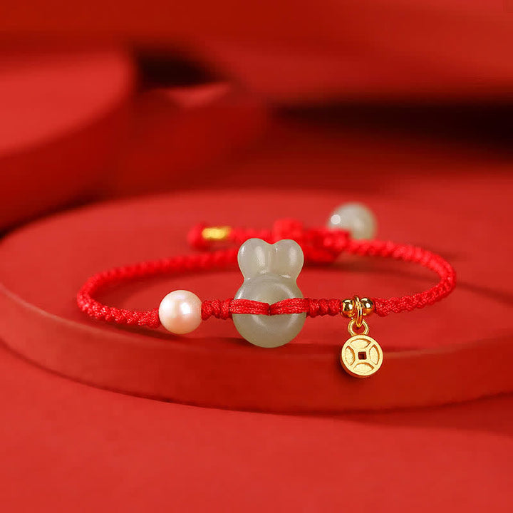 Bracelet en argent sterling 925 avec cordon rouge et pièce de cuivre en jade Hetian Année du lapin