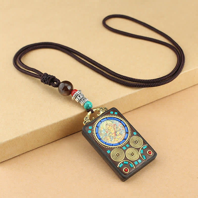 Collier pendentif en ébène Thangka Buddha Stones Tibet Dieu de la richesse