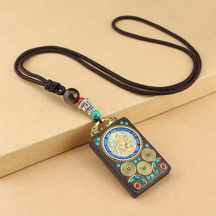 Collier pendentif en ébène Thangka Buddha Stones Tibet Dieu de la richesse