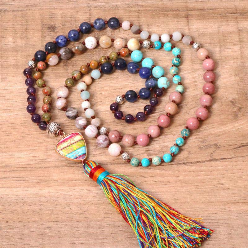 Collier d'équilibre en jaspe zèbre, turquoise, lazurite et tibétain