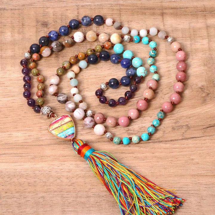 Collier d'équilibre en jaspe zèbre, turquoise, lazurite et tibétain