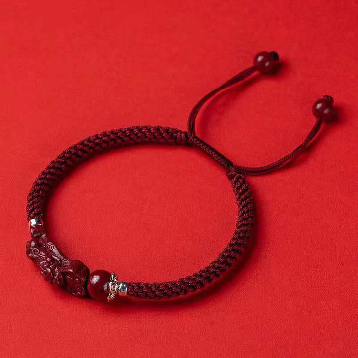 Bracelet tressé PiXiu Cinabre Fait Main par Buddha Stones - Corde réglable rouge foncé - 17 cm - image 17