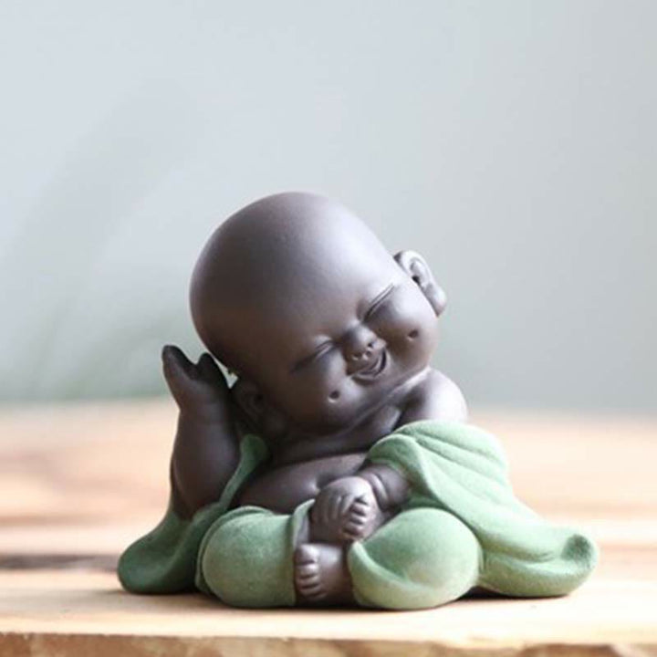 Buddha Stones Toujours Souriant Bouddha Rieur Richesse Chance Argile Violette Statue Maitreya Décoration - Bouddha rieur vert et joyeux - image 15