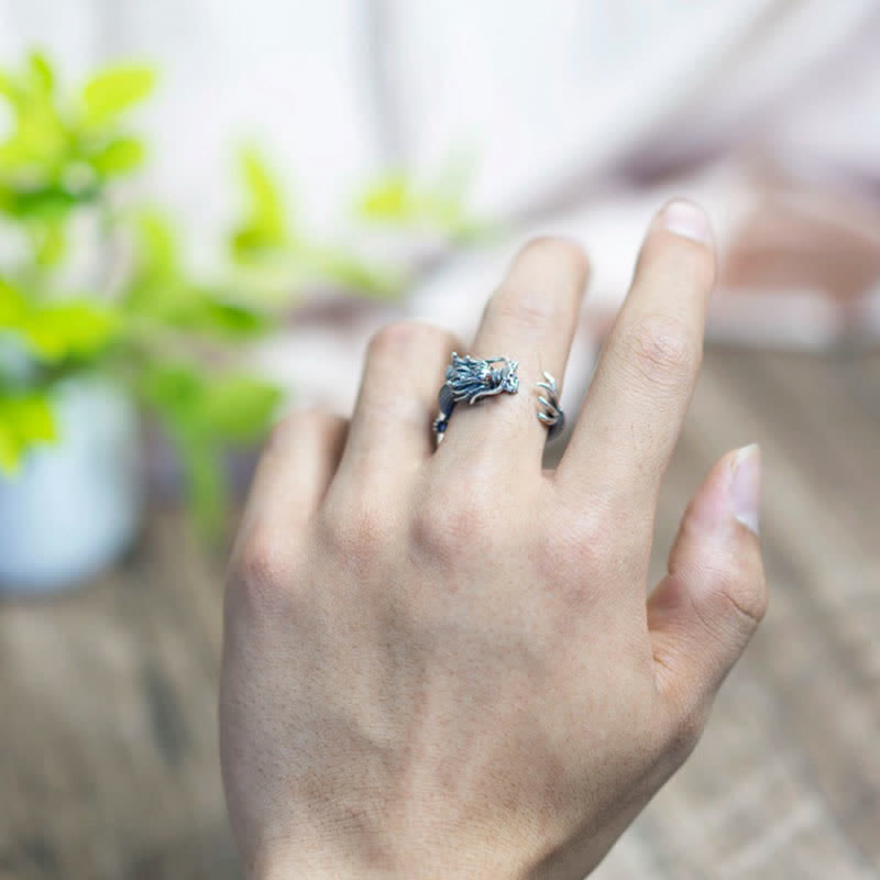 Bague de protection porte-bonheur en argent sterling 925 Buddha Stones et dragon
