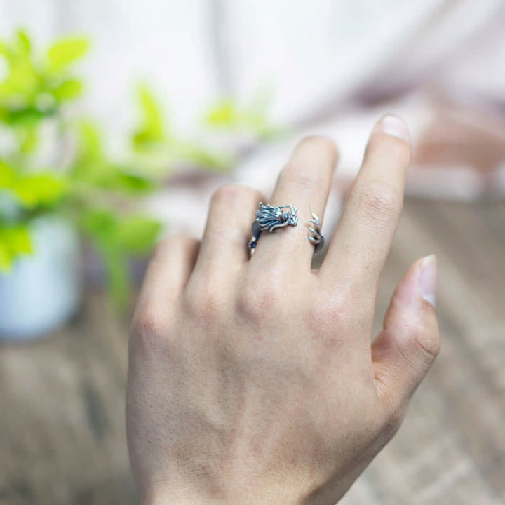 Bague de protection porte-bonheur en argent sterling 925 Buddha Stones et dragon