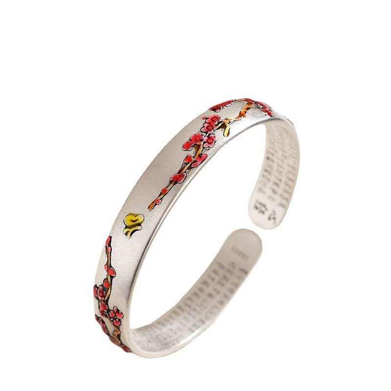 Bracelet manchette de guérison avec Buddha Stones , fleur de prunier, chrysanthème, motif de cœur Sutra