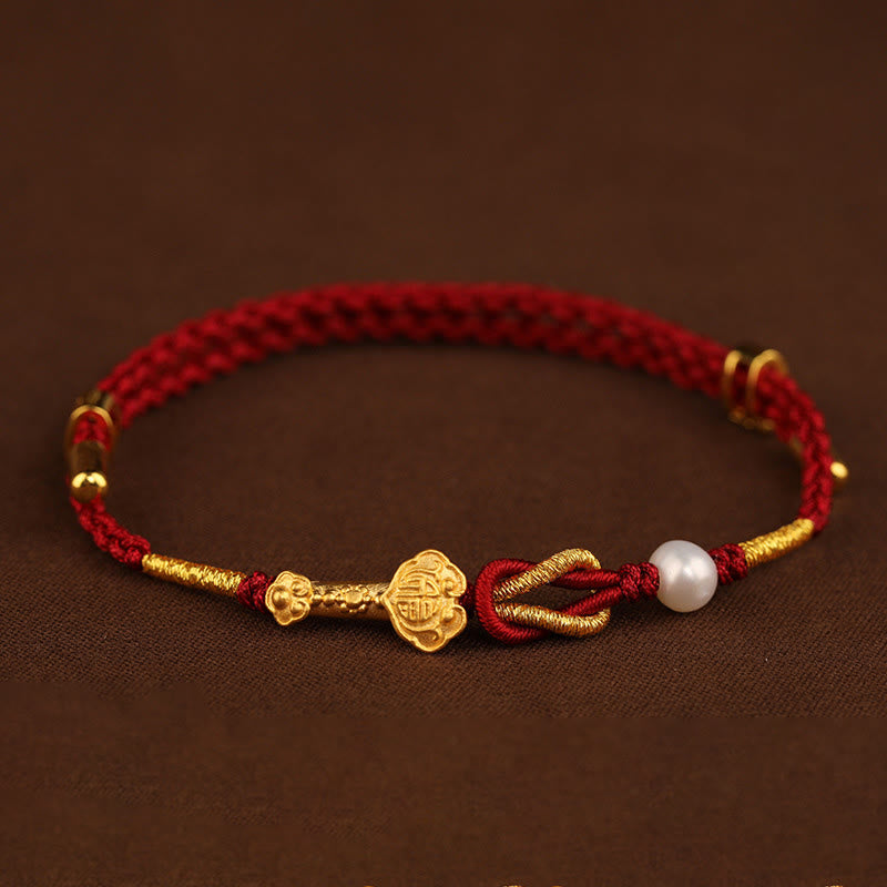 Bracelet tressé porte-bonheur en or 24 carats avec perles et lapin en forme de personnage Fu avec poignée Ruyi et Buddha Stones