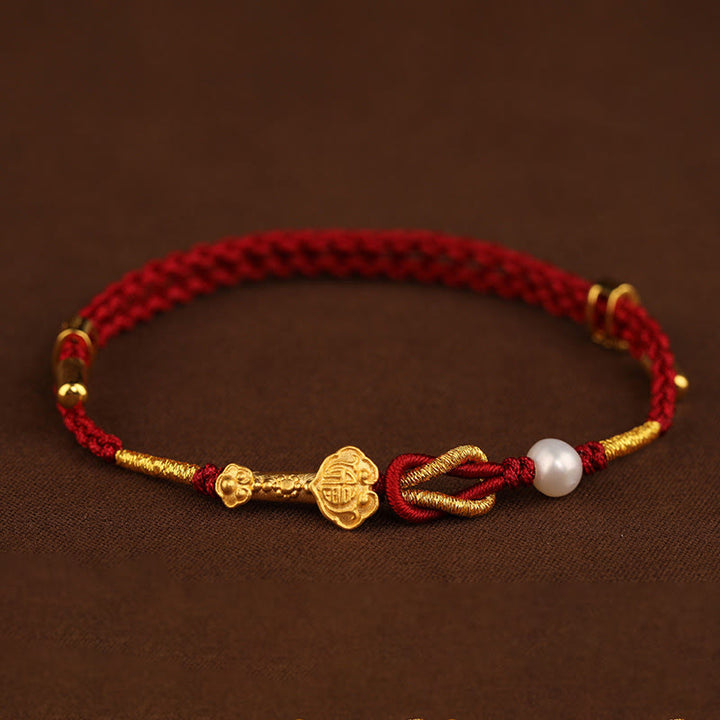 Bracelet tressé porte-bonheur en or 24 carats avec perles et lapin en forme de personnage Fu avec poignée Ruyi et Buddha Stones