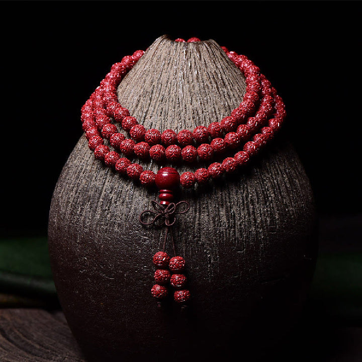 Bracelet de bénédiction gravé avec 108 Buddha Stones de Mala en cinabre et motif Om Mani Padme Hum - Perles rondes gravées de 6 mm x 108 - image 0
