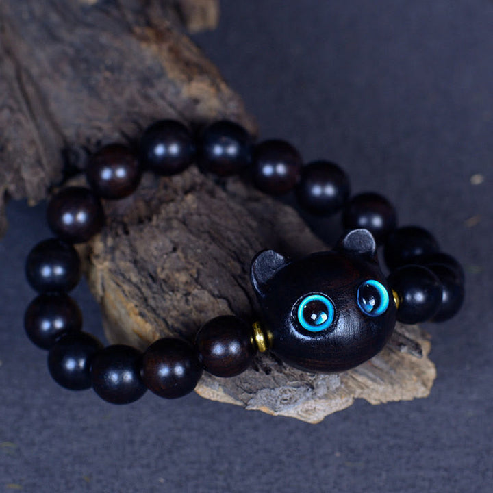 Bracelet Buddha Stones Bois d'ébène Verre Liuli Joli Chat Paix Équilibre - image 11