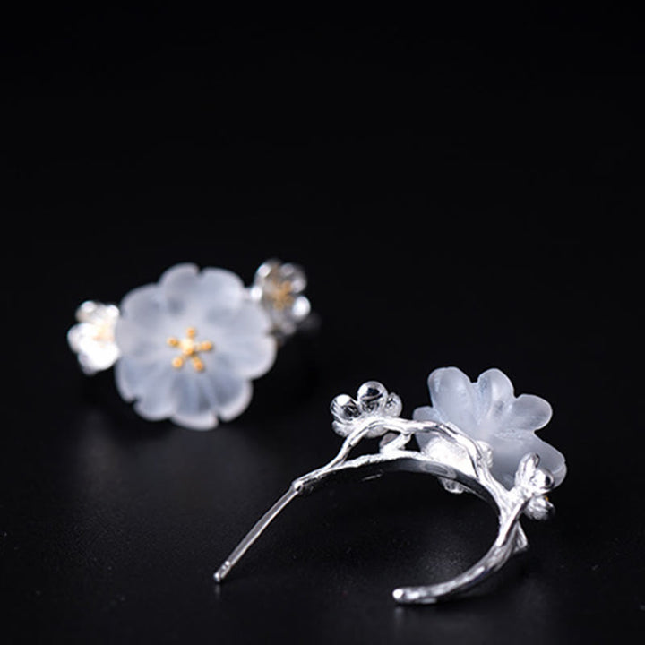 Boucles d'oreilles en argent sterling 925 Buddha Stones et fleurs de prunier