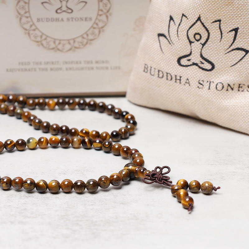 Collier Mala de prière en perles de pierres précieuses naturelles œil de tigre tibétaines de 108 Buddha Stones