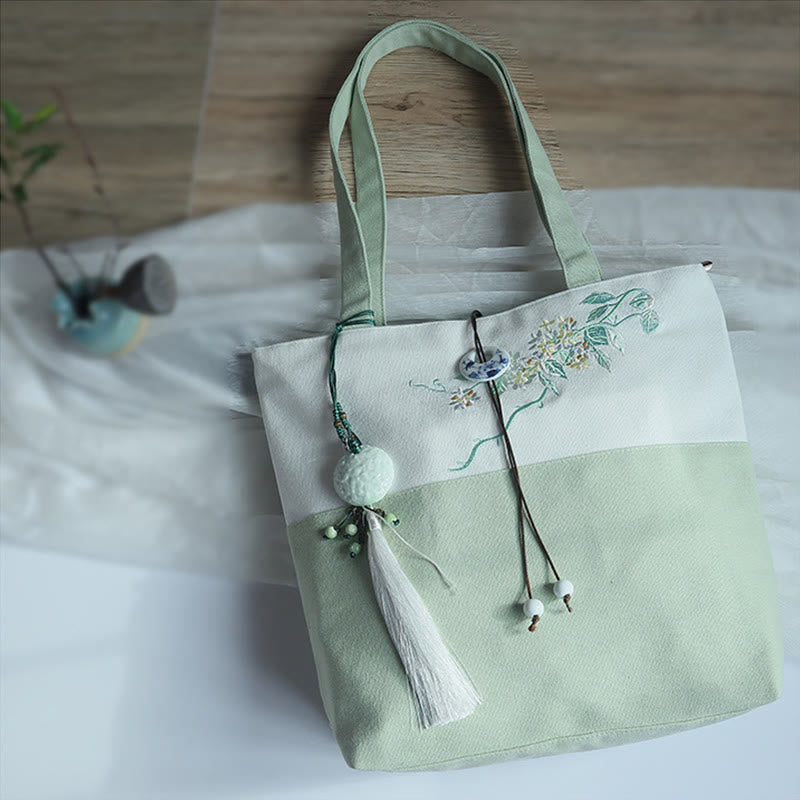 Sac à bandoulière en toile brodée de bambou avec fleur de poire, prunier, fleur de pêcher, grande capacité, sac fourre-tout - Fleur verte et blanche - image 34