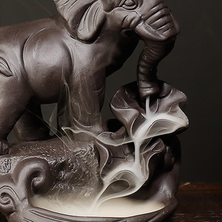 Fontaine à fumée à reflux en argile violette en forme d'éléphant tibétain, brûleur d'encens de guérison de la paix, décoration