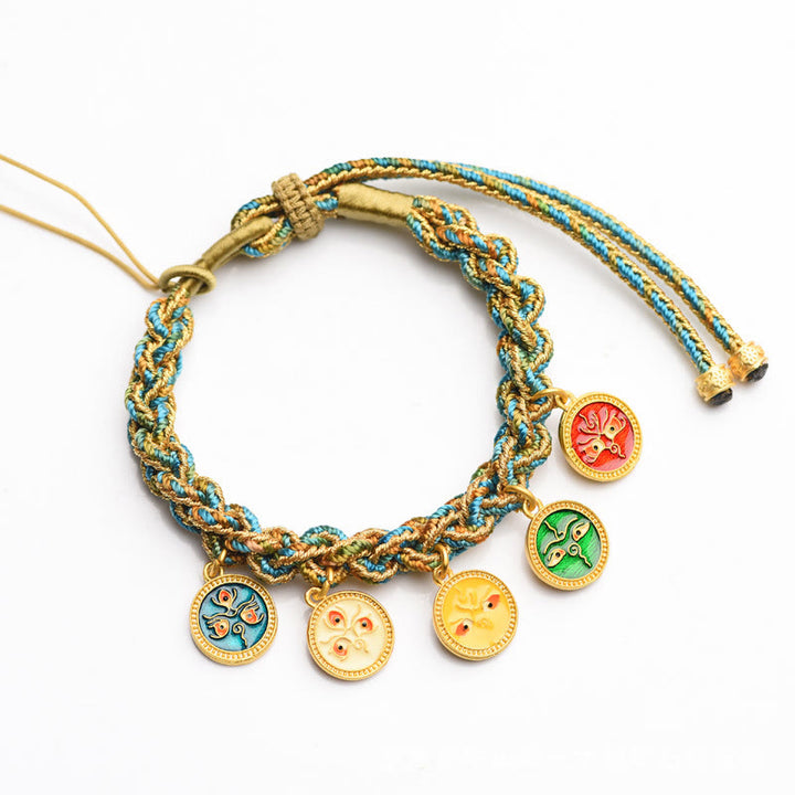 Bracelet en corde tressée fait main avec Buddha Stones tibétaines représentant les cinq dieux de la richesse et de la chance