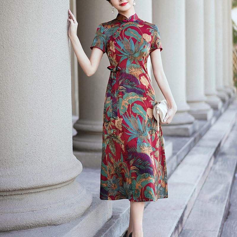 Robe Qipao en soie avec Buddha Stones, motif rétro de feuilles de fleurs, robe cheongsam pour femme