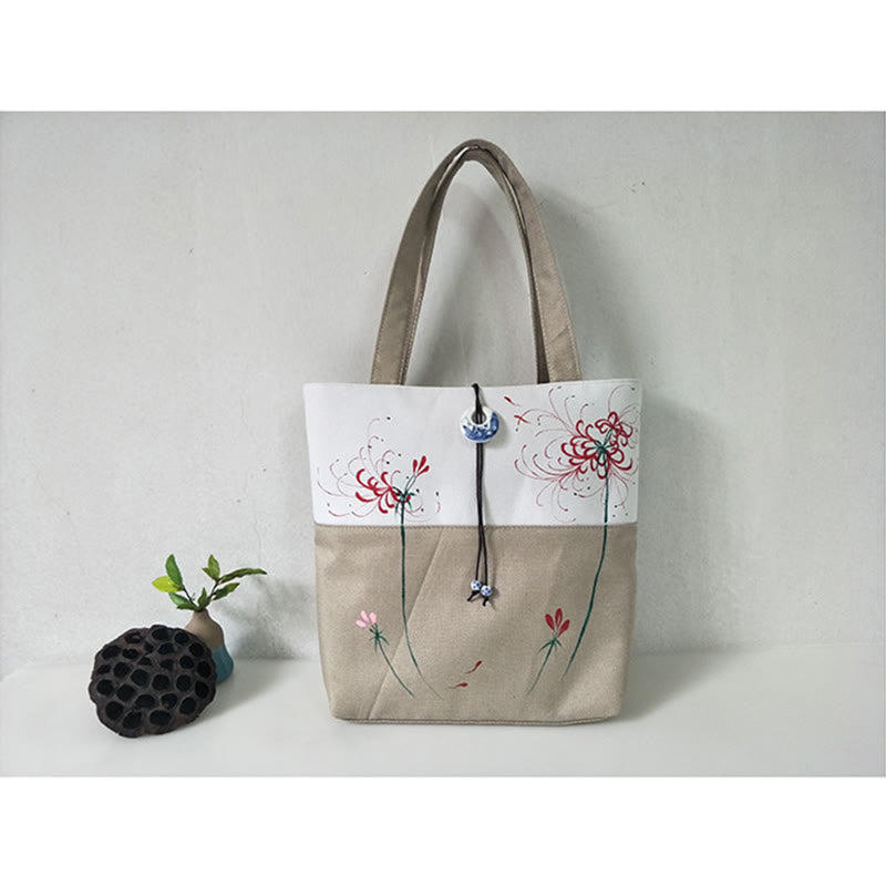 Sac à bandoulière en toile brodée de bambou avec fleur de poire, prunier, fleur de pêcher, grande capacité, sac fourre-tout