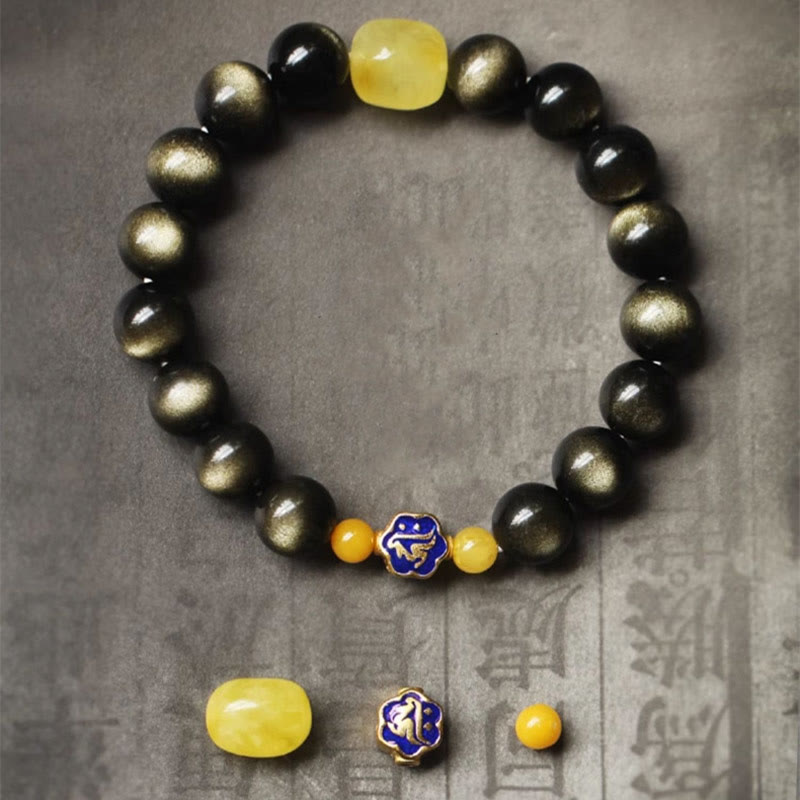 Bracelet de protection de richesse en obsidienne et ambre en argent sterling 925 avec Buddha Stones et zodiaque chinois