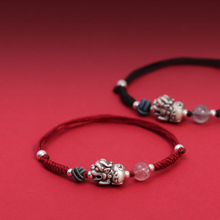 Bracelet tressé en argent sterling 999 avec perles de quartz fraise PiXiu de Buddha Stones pour la richesse et la chance