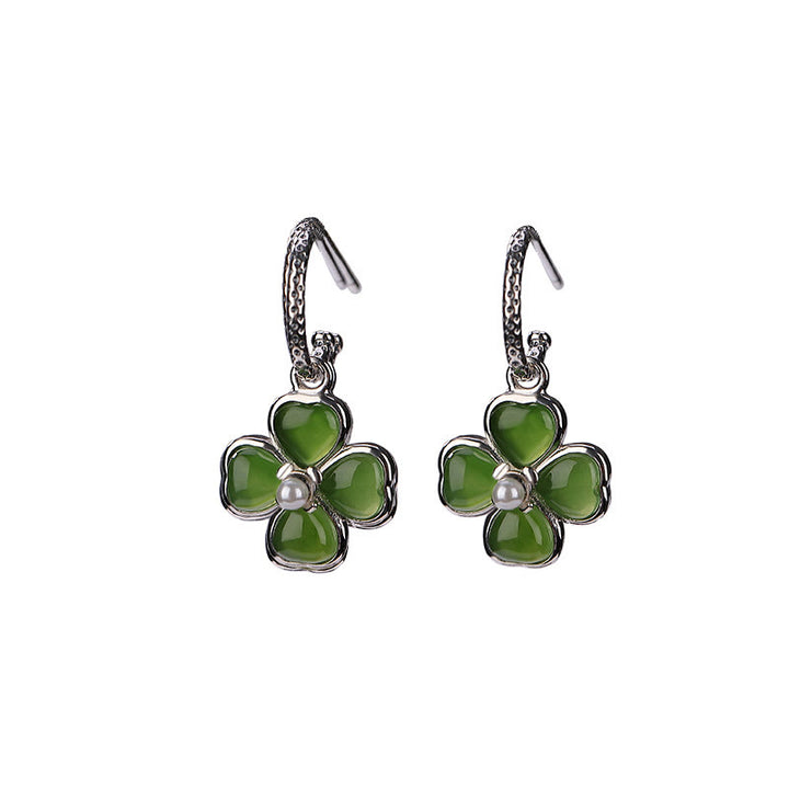 Boucles d'oreilles trèfle à quatre feuilles en argent sterling 925 et jade cyan naturel avec pierres de Buddha Stones