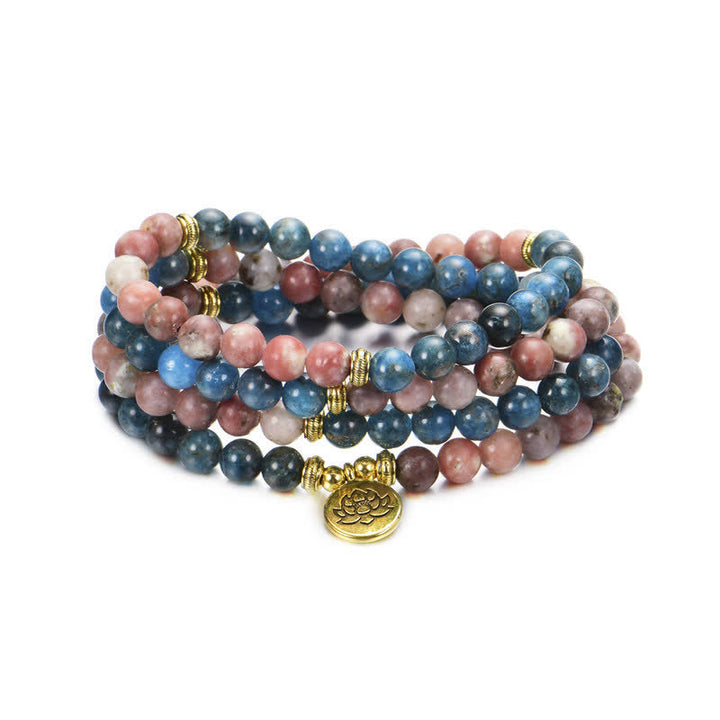 Bracelet de perles de prière en Buddha Stones, lazurite, lapis-lazuli, jaspe Picasso, amazonite, rhodonite et apatite, lotus positif - image 18