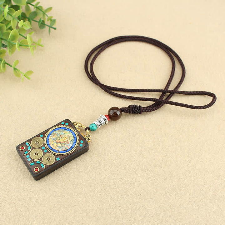 Collier pendentif en ébène Thangka Buddha Stones Tibet Dieu de la richesse