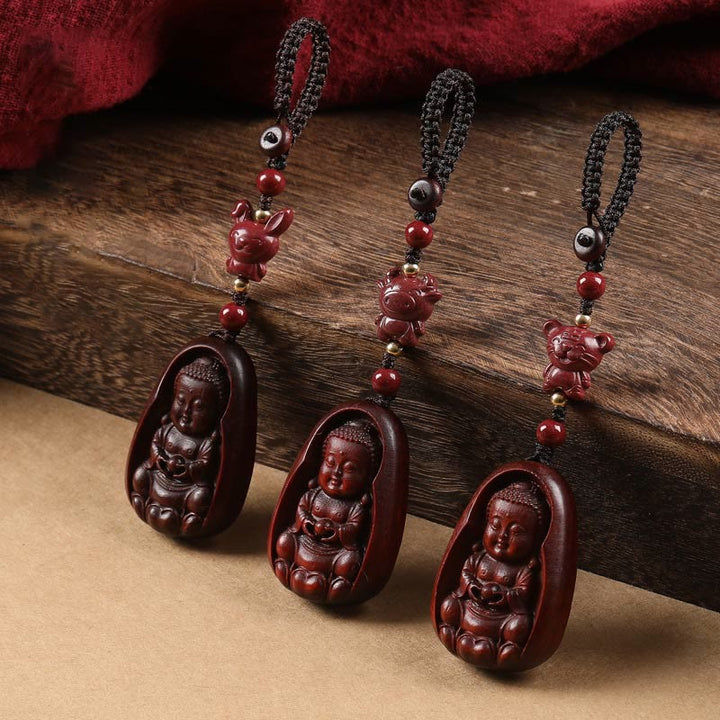 Porte-clés de protection en Buddha Stones en bois de santal rouge à petites feuilles, amulette du zodiaque chinois en cinabre