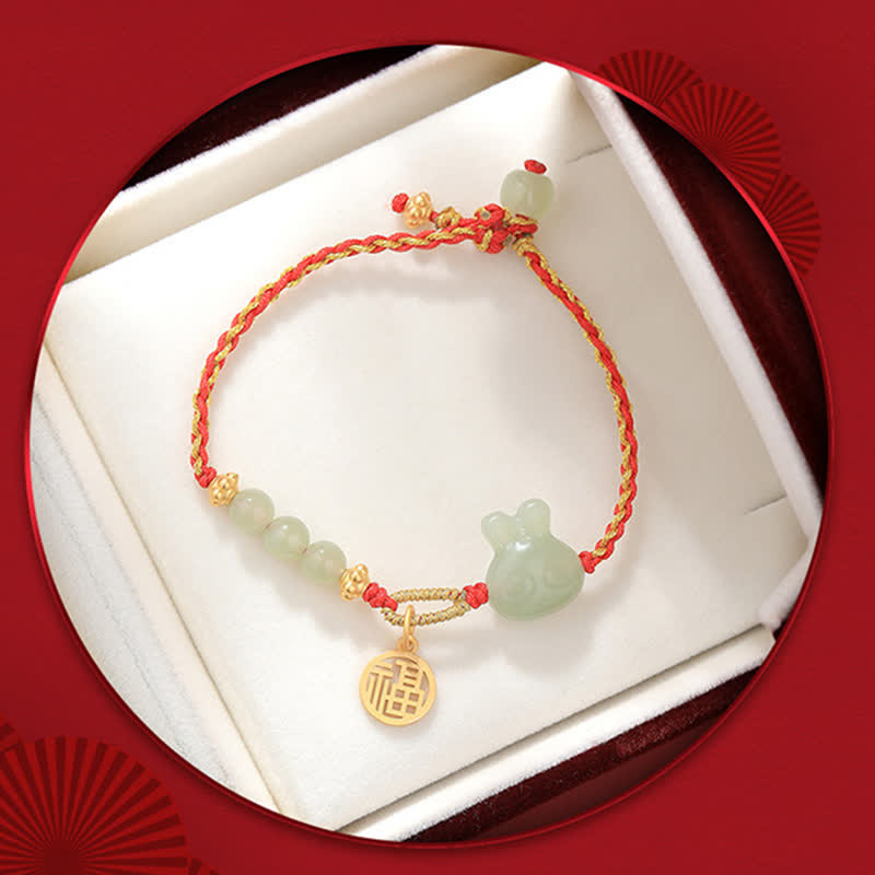 Bracelet en argent sterling 925 Buddha Stones et jade Hetian Année du lapin, porte-bonheur et cordon rouge