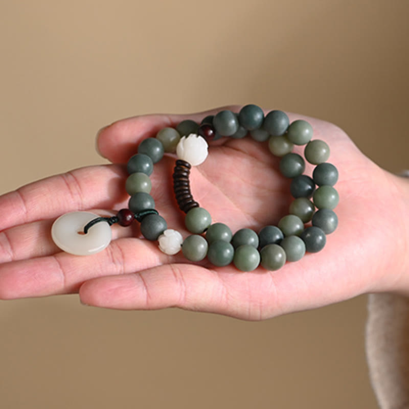 Bracelet double tour en jade et pierre de Buddha Stones avec boucle de paix et sagesse