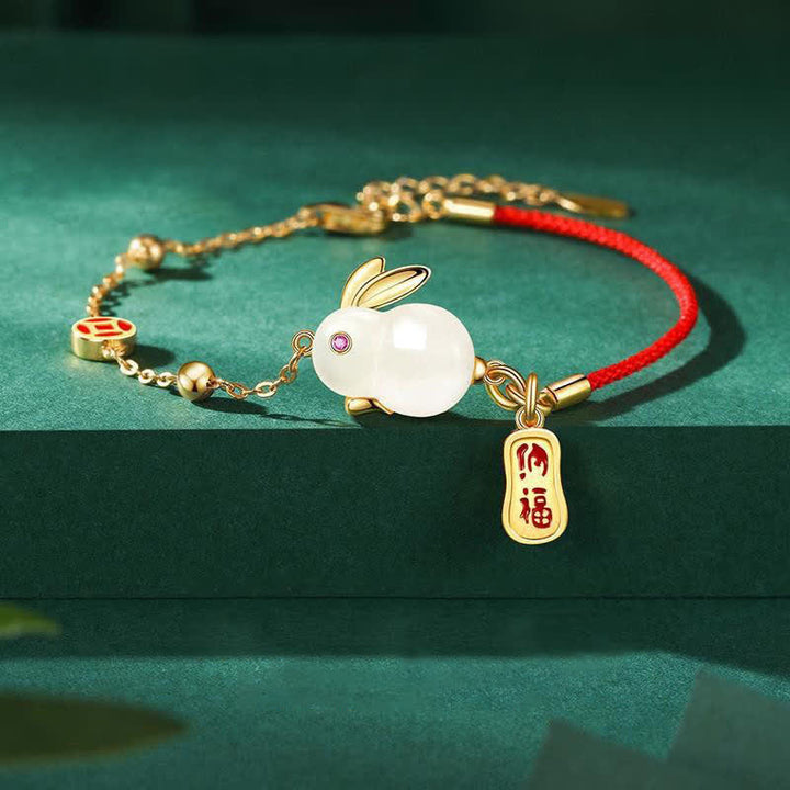 Bracelet en chaîne rouge en jade blanc et pierres de Buddha Stones Année du lapin