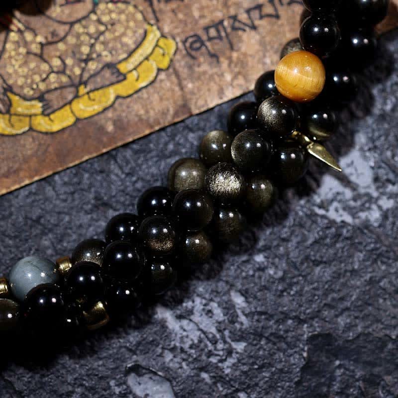 Bracelet de richesse en pierre d'oeil de tigre et d'aigle avec 108 Buddha Stones de Mala en obsidienne dorée brillante