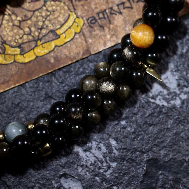 Bracelet de richesse en pierre d'oeil de tigre et d'aigle avec 108 Buddha Stones de Mala en obsidienne dorée brillante