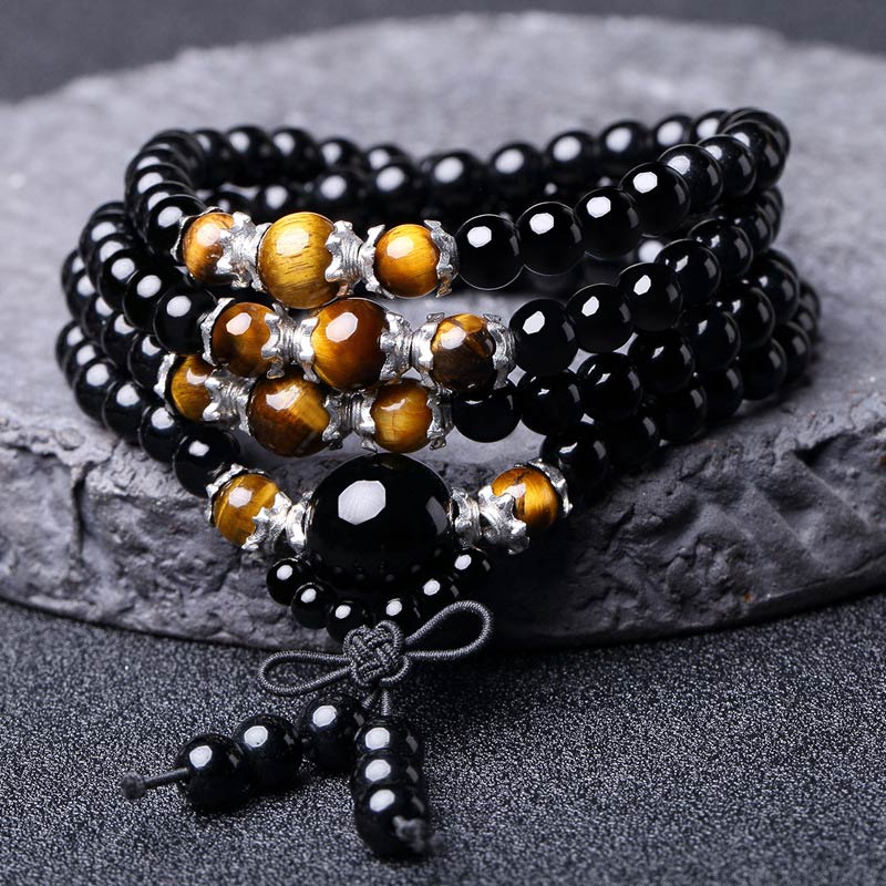 Bracelet Mala 108 perles en obsidienne noire naturelle œil de tigre Buddha Stones