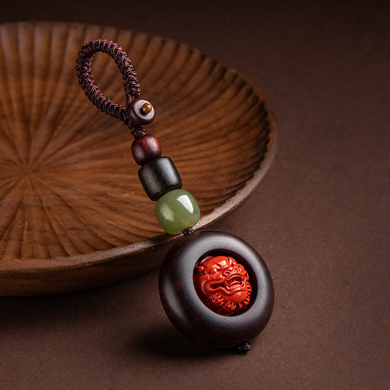 Buddha Stones Tibet Om Mani Padme Hum PiXiu Pièce de cuivre Petite feuille Bois de santal rouge Cinabre Protection Porte-clés