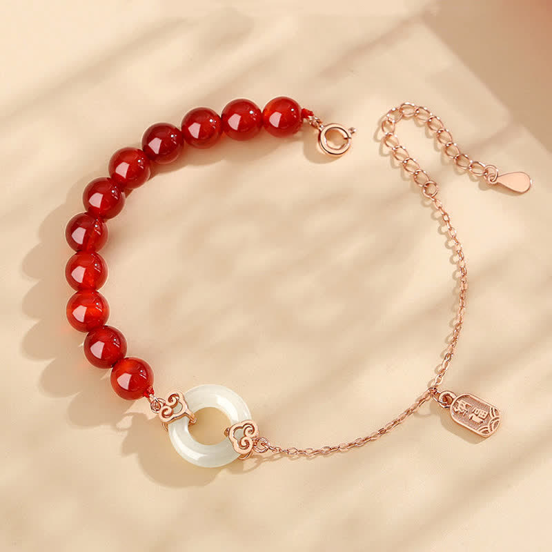 Bracelet de confiance en argent sterling 925 avec agate rouge naturelle et jade blanc avec boucle de paix et Buddha Stones