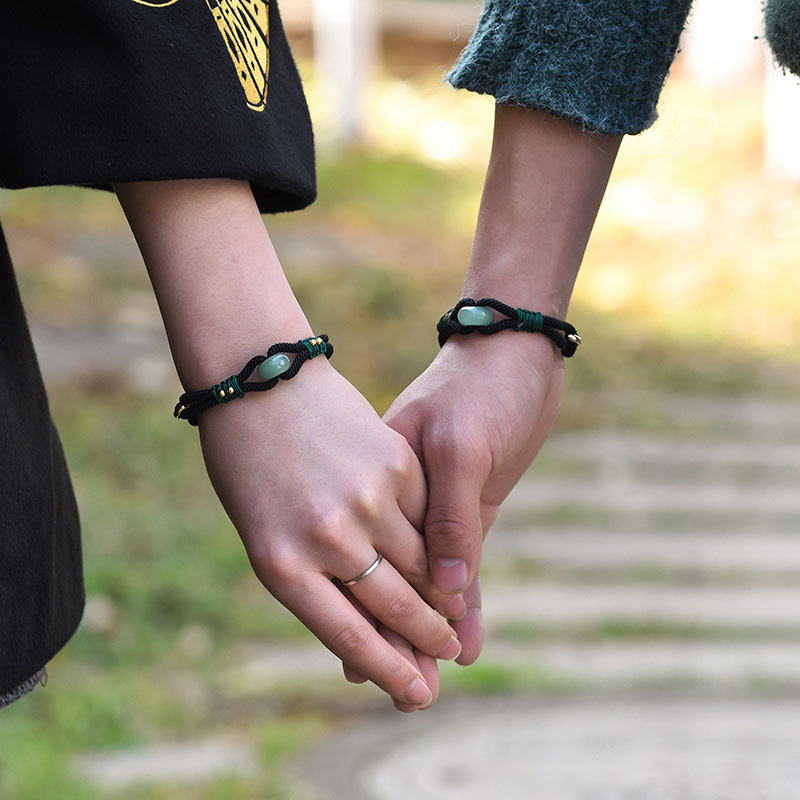 Bracelet couple porte-bonheur en corde noire Buddha Stones et jade tibétain