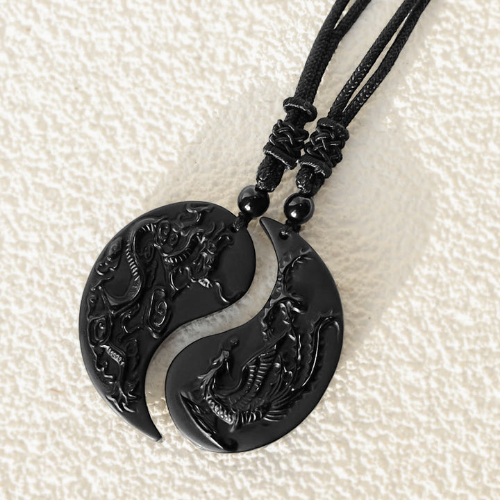 Collier pendentif porte-bonheur en obsidienne noire avec Buddha Stones et dragon Yin Yang et phénix - image 6
