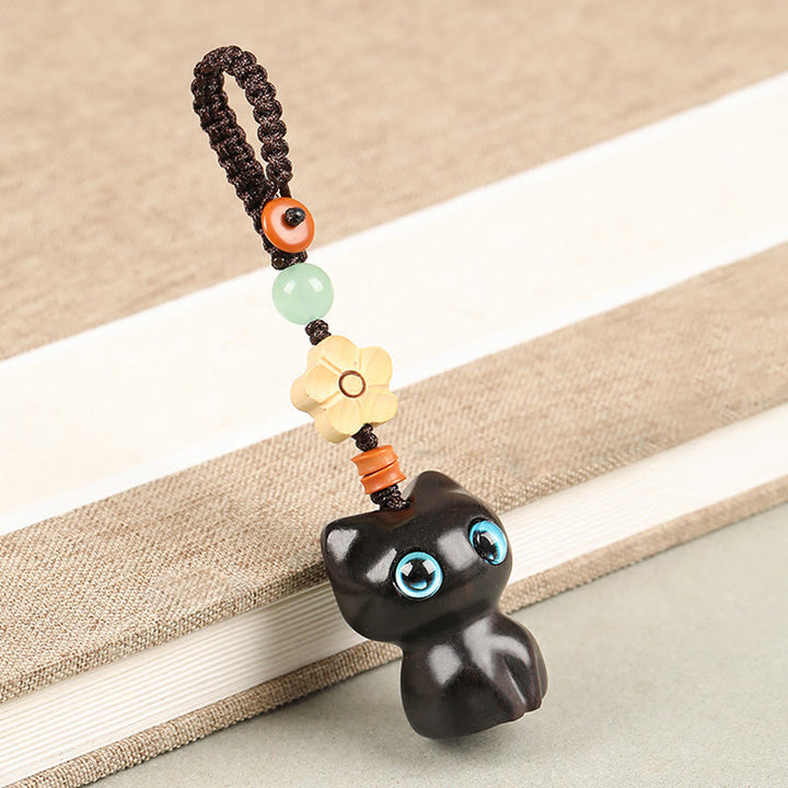 Porte Buddha Stones, mini petite feuille de bois de santal rouge, bois d'ébène, chat porte-bonheur, joli chaton, paix, décoration à suspendre pour téléphone