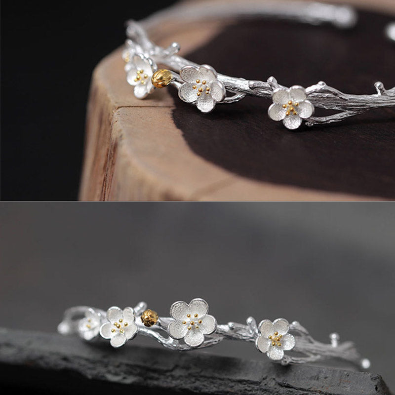 Bracelet réglable en argent sterling 925 Buddha Stones et fleur de prunier