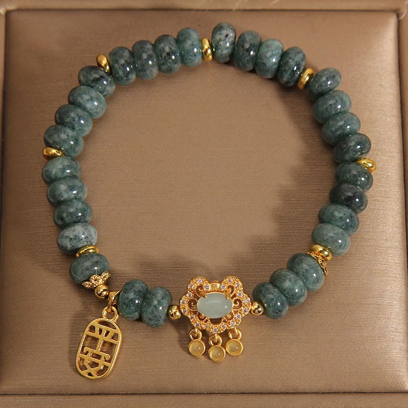 Bracelet en Buddha Stones en jade naturel avec breloque en forme de cadenas chinois, paix, chance et abondance