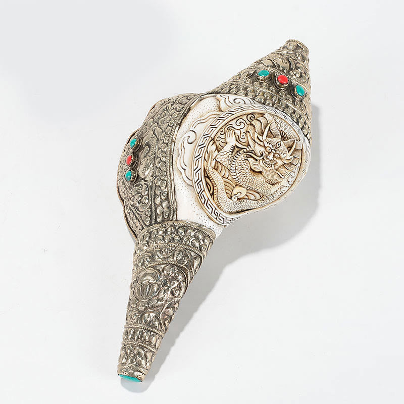 Coquillage de conque tibétain naturel Shankha, décoration porte-bonheur pour la maison - Dragon sculpté 26,5 x 14 cm - image 18