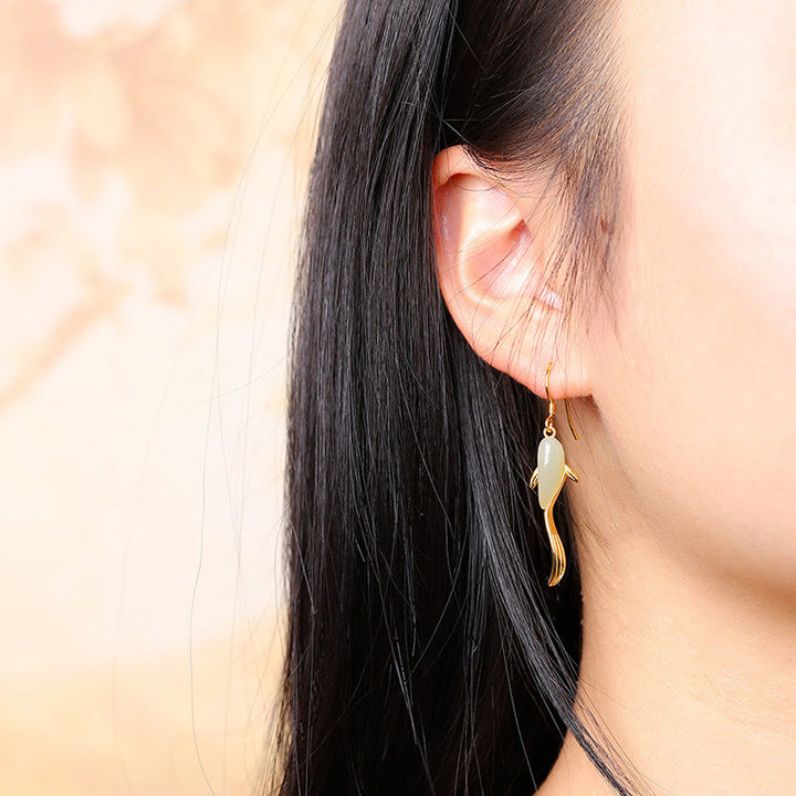 Boucles d'oreilles pendantes porte-bonheur en jade à motif de poisson
